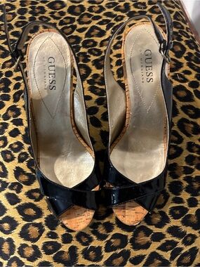 GUESS Black Patent Leather Cork Peep-Toe Slingback Heels